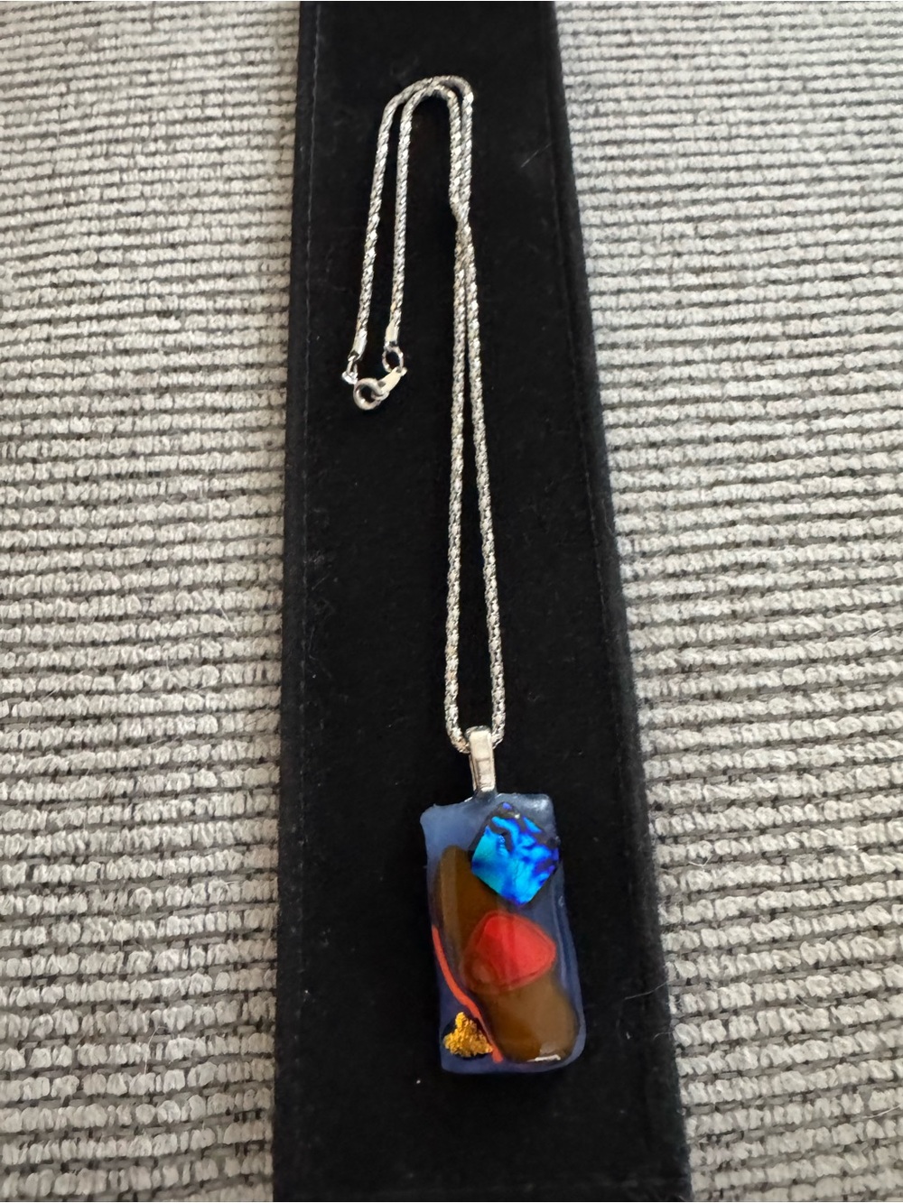 Silver Tone 16” Chain Necklace with Blue Multicolor Glass Pendant